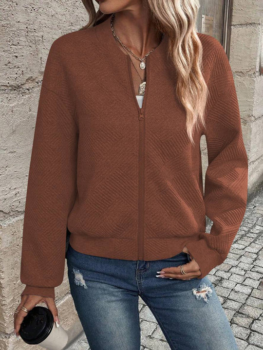 Heidi-Mode | Unifarbene Bomberjacke Rundkragen Baseballkragen Lange Ärmel Reißverschluss Damen Lässige Mode Herbstjacke