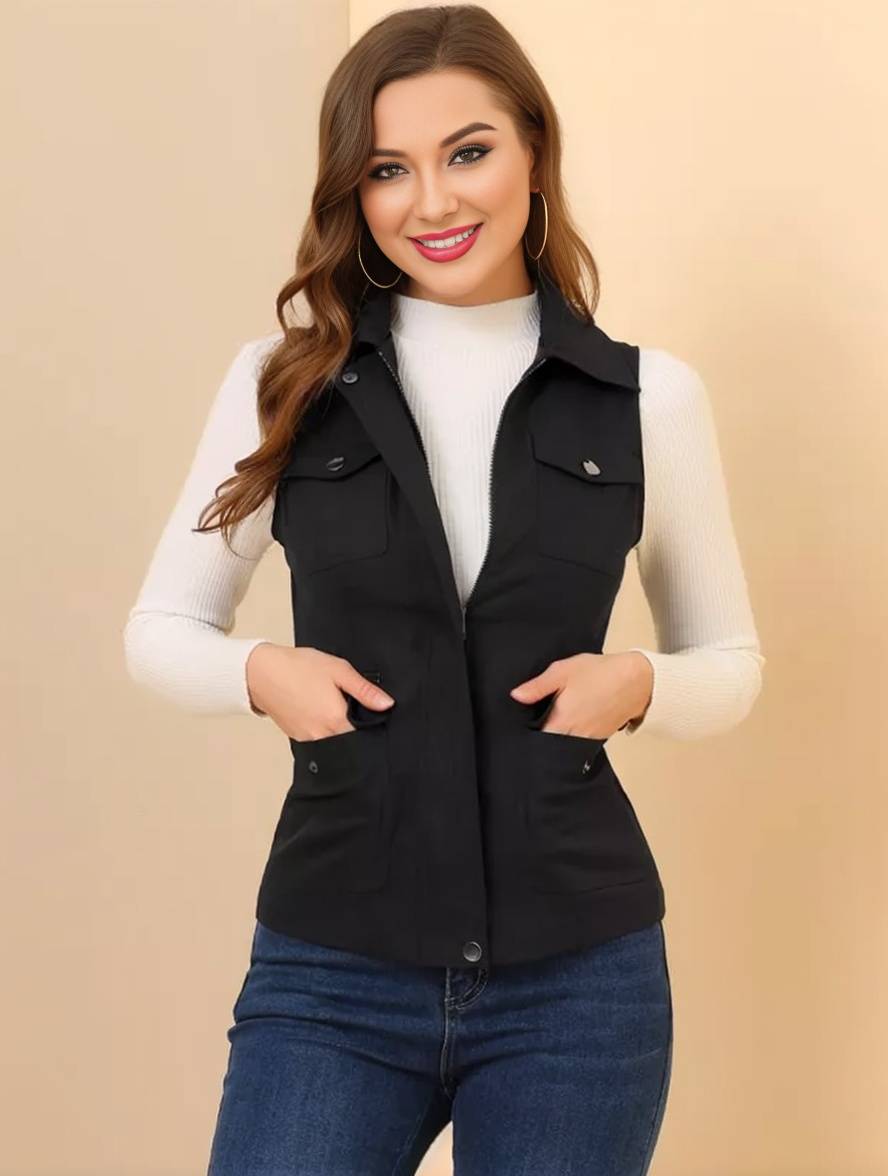 Heidi-Mode | Kurz Einfarbig Ärmellose Jacke mit Reißverschluss Knöpfen Taschen Damen Lässige Mode Weste
