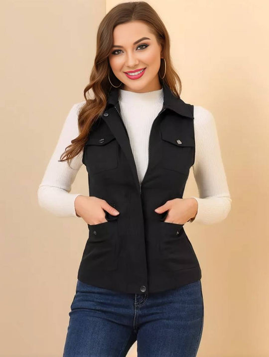 Heidi-Mode | Kurz Einfarbig Ärmellose Jacke mit Reißverschluss Knöpfen Taschen Damen Lässige Mode Weste