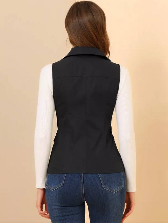 Heidi-Mode | Kurz Einfarbig Ärmellose Jacke mit Reißverschluss Knöpfen Taschen Damen Lässige Mode Weste