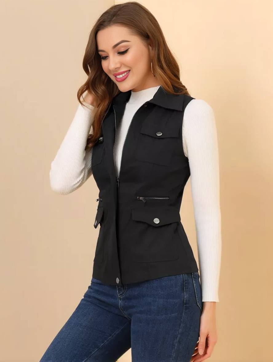 Heidi-Mode | Kurz Einfarbig Ärmellose Jacke mit Reißverschluss Knöpfen Taschen Damen Lässige Mode Weste
