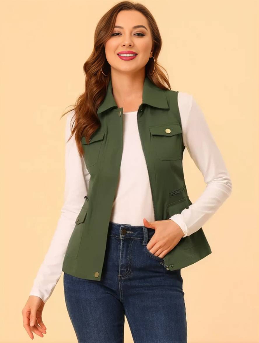 Heidi-Mode | Kurz Einfarbig Ärmellose Jacke mit Reißverschluss Knöpfen Taschen Damen Lässige Mode Weste