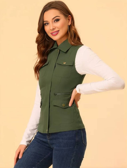 Heidi-Mode | Kurz Einfarbig Ärmellose Jacke mit Reißverschluss Knöpfen Taschen Damen Lässige Mode Weste