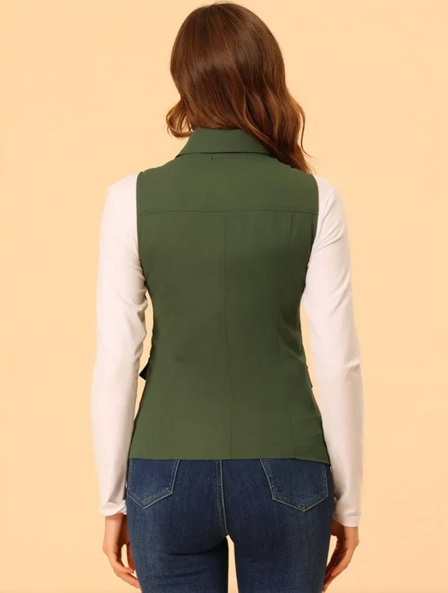 Heidi-Mode | Kurz Einfarbig Ärmellose Jacke mit Reißverschluss Knöpfen Taschen Damen Lässige Mode Weste