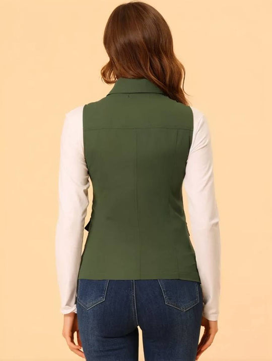 Heidi-Mode | Kurz Einfarbig Ärmellose Jacke mit Reißverschluss Knöpfen Taschen Damen Lässige Mode Weste