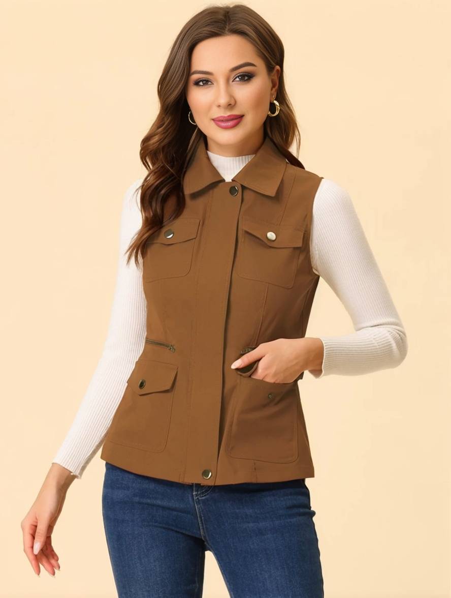 Heidi-Mode | Kurz Einfarbig Ärmellose Jacke mit Reißverschluss Knöpfen Taschen Damen Lässige Mode Weste