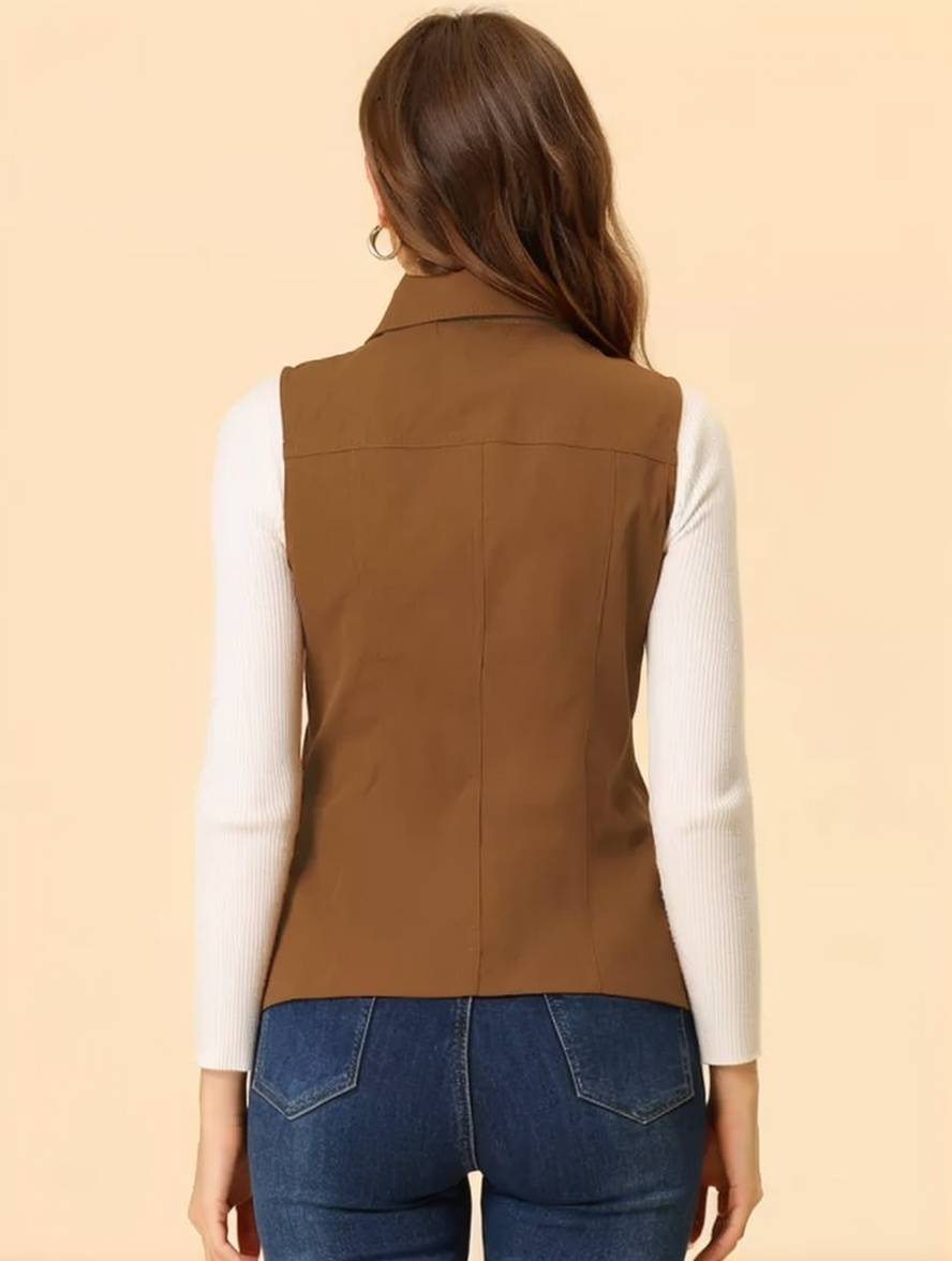 Heidi-Mode | Kurz Einfarbig Ärmellose Jacke mit Reißverschluss Knöpfen Taschen Damen Lässige Mode Weste