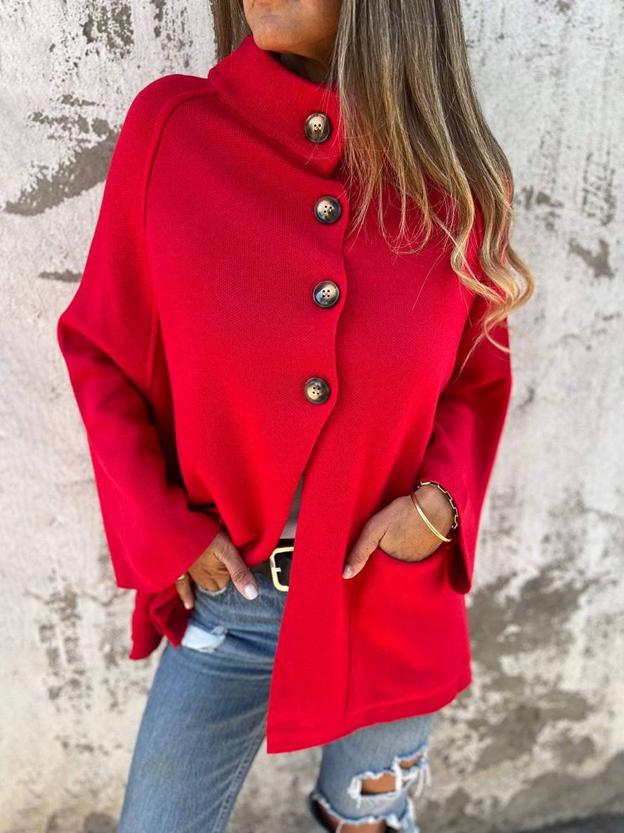 Heidi-Mode | Poncho Mantel Damen Knopftaschen Hoher Kragen Damen Casual Weit Oversized Casual Jacke