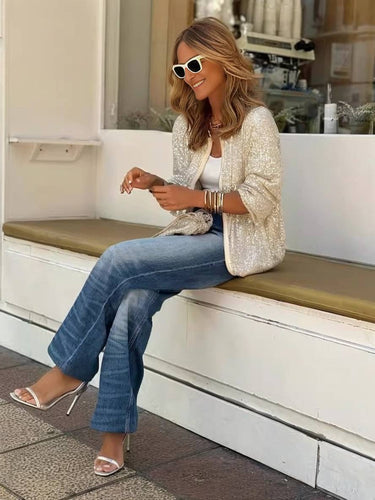 Heidi-Mode | Bomber Glänzend Pailletten Rundhals Lange Ärmel Reißverschluss Damen Elegant Lässig Mode Freizeitjacke