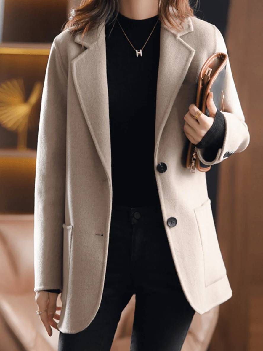 Heidi-Mode | Unifarbenes Wollmantel mit Knöpfen Taschen Reverskragen Lange Ärmel Winter Damen Eleganter Blazer Jacke