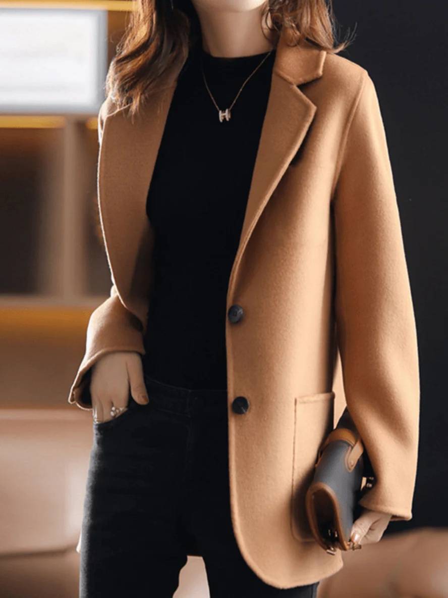 Heidi-Mode | Unifarbenes Wollmantel mit Knöpfen Taschen Reverskragen Lange Ärmel Winter Damen Eleganter Blazer Jacke