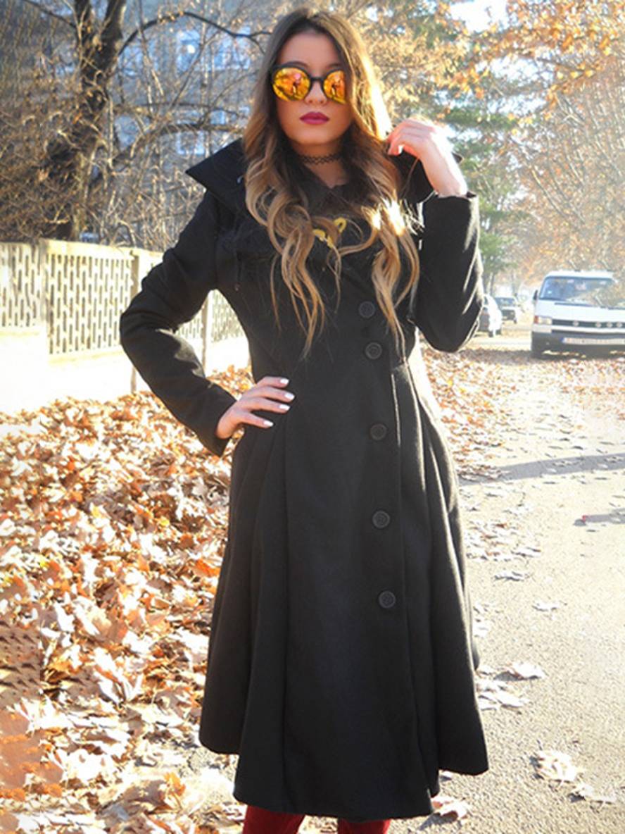 Heidi-Mode | Mittellanger Wollmantel mit Kapuze Knopf Damen Elegante Mode Jacke Umhang