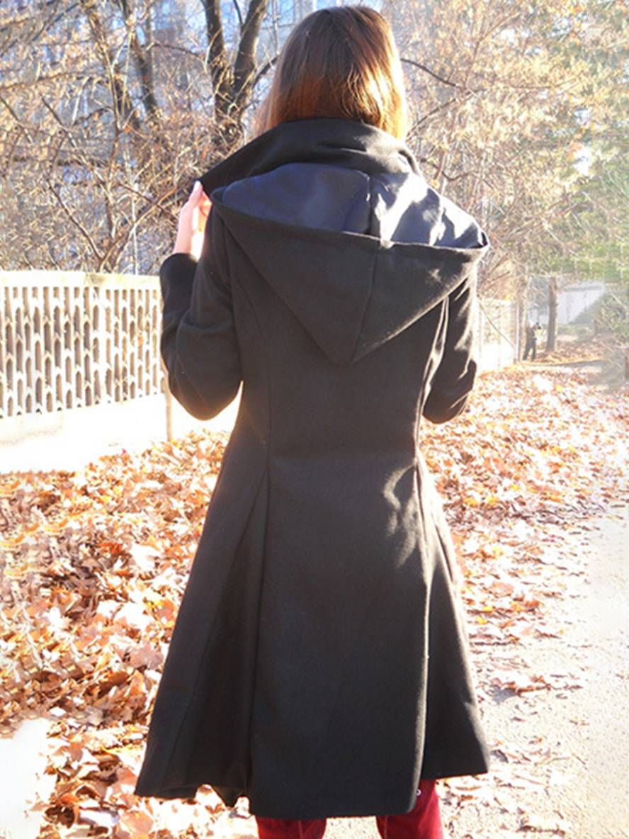 Heidi-Mode | Mittellanger Wollmantel mit Kapuze Knopf Damen Elegante Mode Jacke Umhang