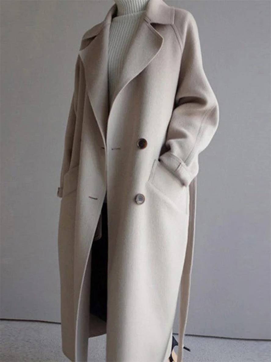 Heidi-Mode | Langer Wollmantel mit Doppelknopfverschluss Taschen Gürtel Ausschnitt V Damen Elegante Cabanjacke