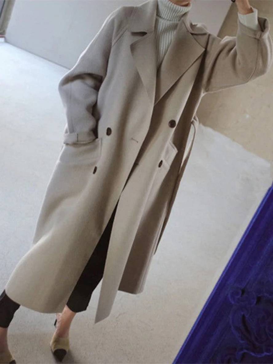 Heidi-Mode | Langer Wollmantel mit Doppelknopfverschluss Taschen Gürtel Ausschnitt V Damen Elegante Cabanjacke