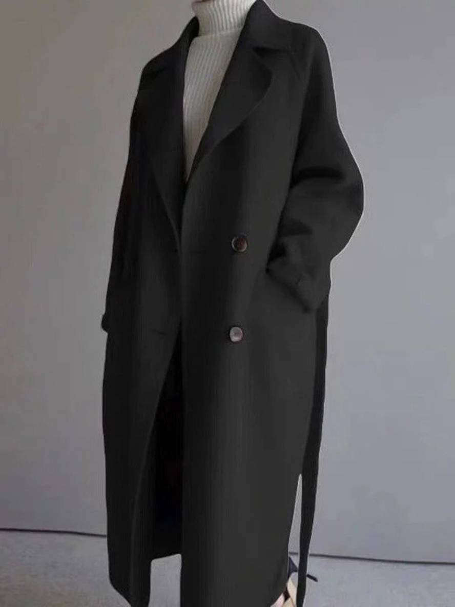 Heidi-Mode | Langer Wollmantel mit Doppelknopfverschluss Taschen Gürtel Ausschnitt V Damen Elegante Cabanjacke