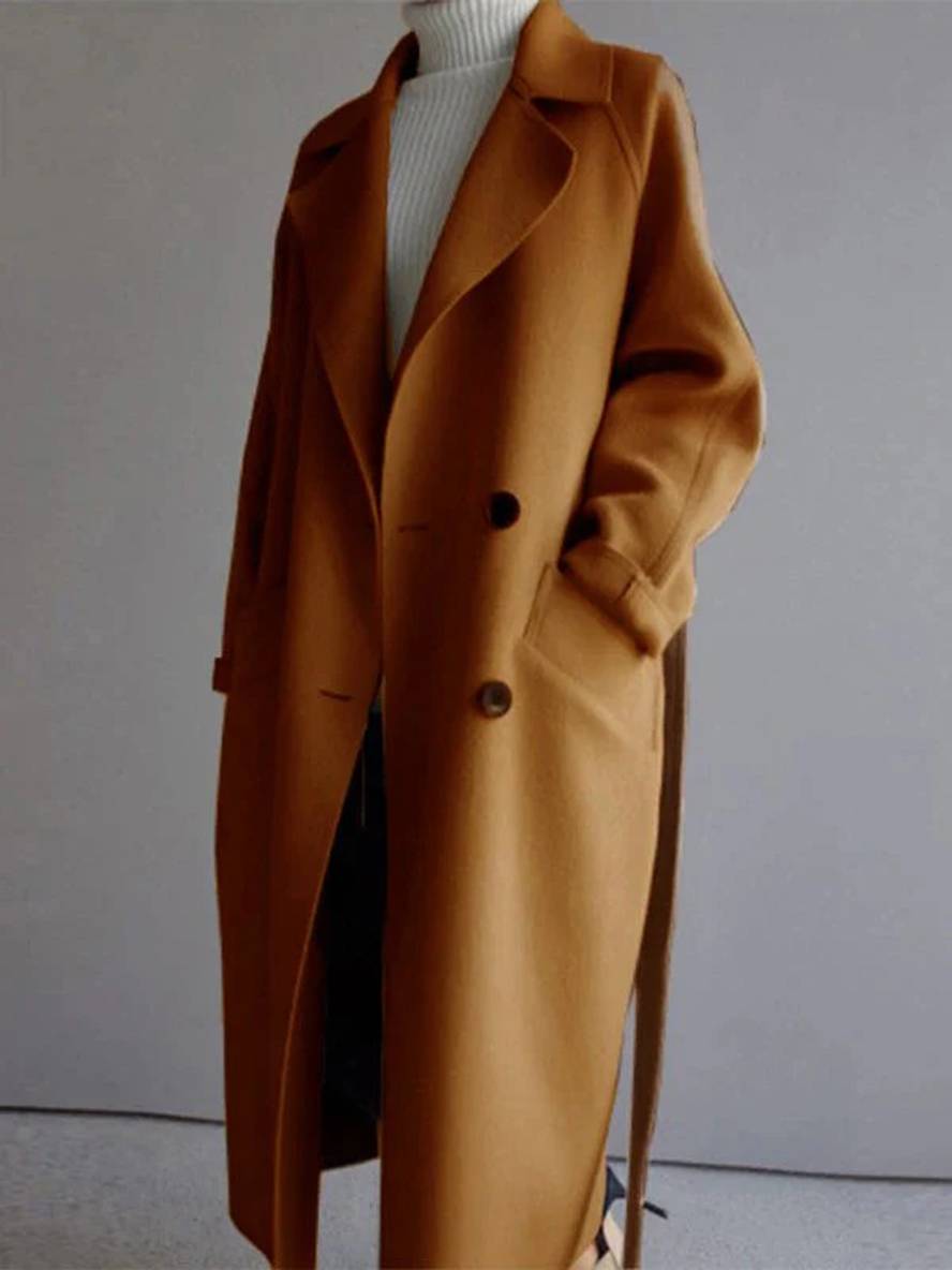 Heidi-Mode | Langer Wollmantel mit Doppelknopfverschluss Taschen Gürtel Ausschnitt V Damen Elegante Cabanjacke