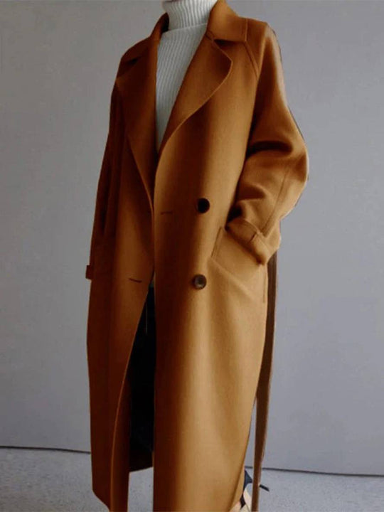 Heidi-Mode | Langer Wollmantel mit Doppelknopfverschluss Taschen Gürtel Ausschnitt V Damen Elegante Cabanjacke