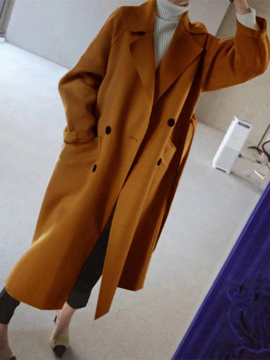 Heidi-Mode | Langer Wollmantel mit Doppelknopfverschluss Taschen Gürtel Ausschnitt V Damen Elegante Cabanjacke