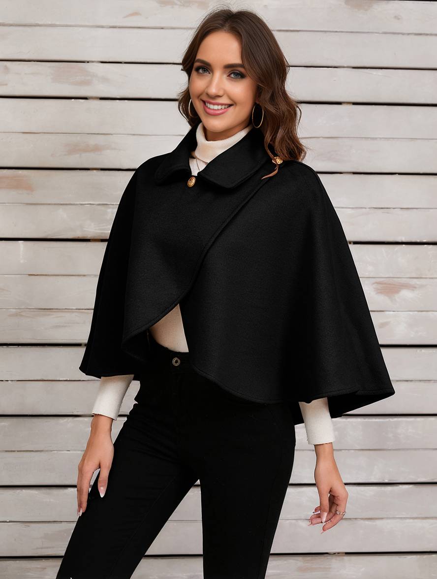 Heidi-Mode | Kurz Poncho Mantel Damen Ungleichmäßig Knöpfe Damen Elegant Lässig Mode Weit Jacke