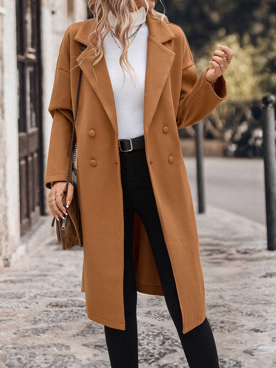 Heidi-Mode | Langer Mantel aus Doppelter Wolle Knopfverschluss Taschen Gürtel Reverskragen Damen Elegant Lässig Weit Cabanjacke