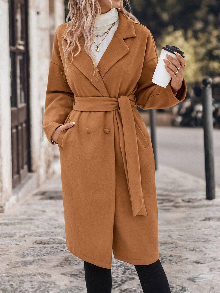 Heidi-Mode | Langer Mantel aus Doppelter Wolle Knopfverschluss Taschen Gürtel Reverskragen Damen Elegant Lässig Weit Cabanjacke
