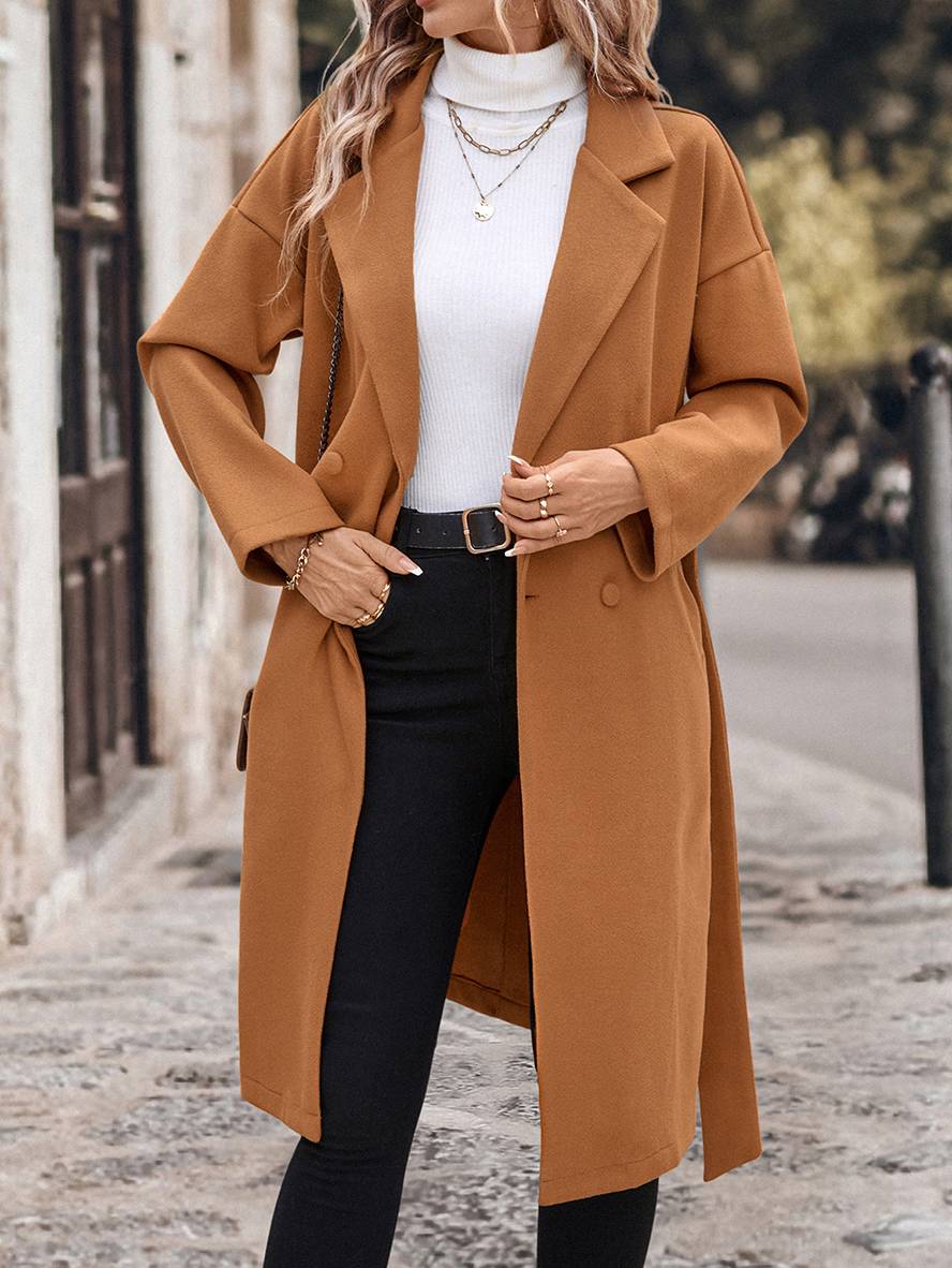 Heidi-Mode | Langer Mantel aus Doppelter Wolle Knopfverschluss Taschen Gürtel Reverskragen Damen Elegant Lässig Weit Cabanjacke