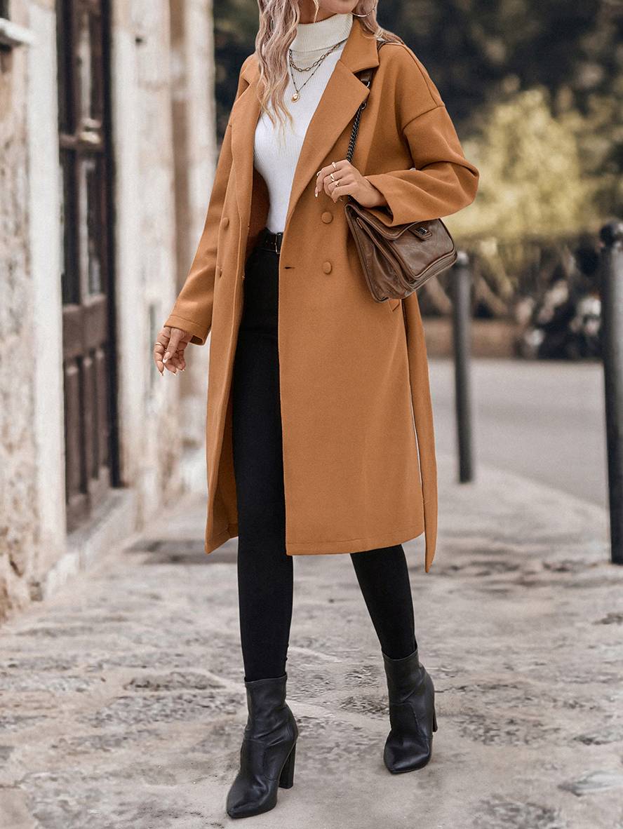 Heidi-Mode | Langer Mantel aus Doppelter Wolle Knopfverschluss Taschen Gürtel Reverskragen Damen Elegant Lässig Weit Cabanjacke