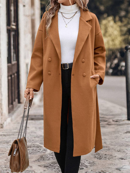 Heidi-Mode | Langer Mantel aus Doppelter Wolle Knopfverschluss Taschen Gürtel Reverskragen Damen Elegant Lässig Weit Cabanjacke