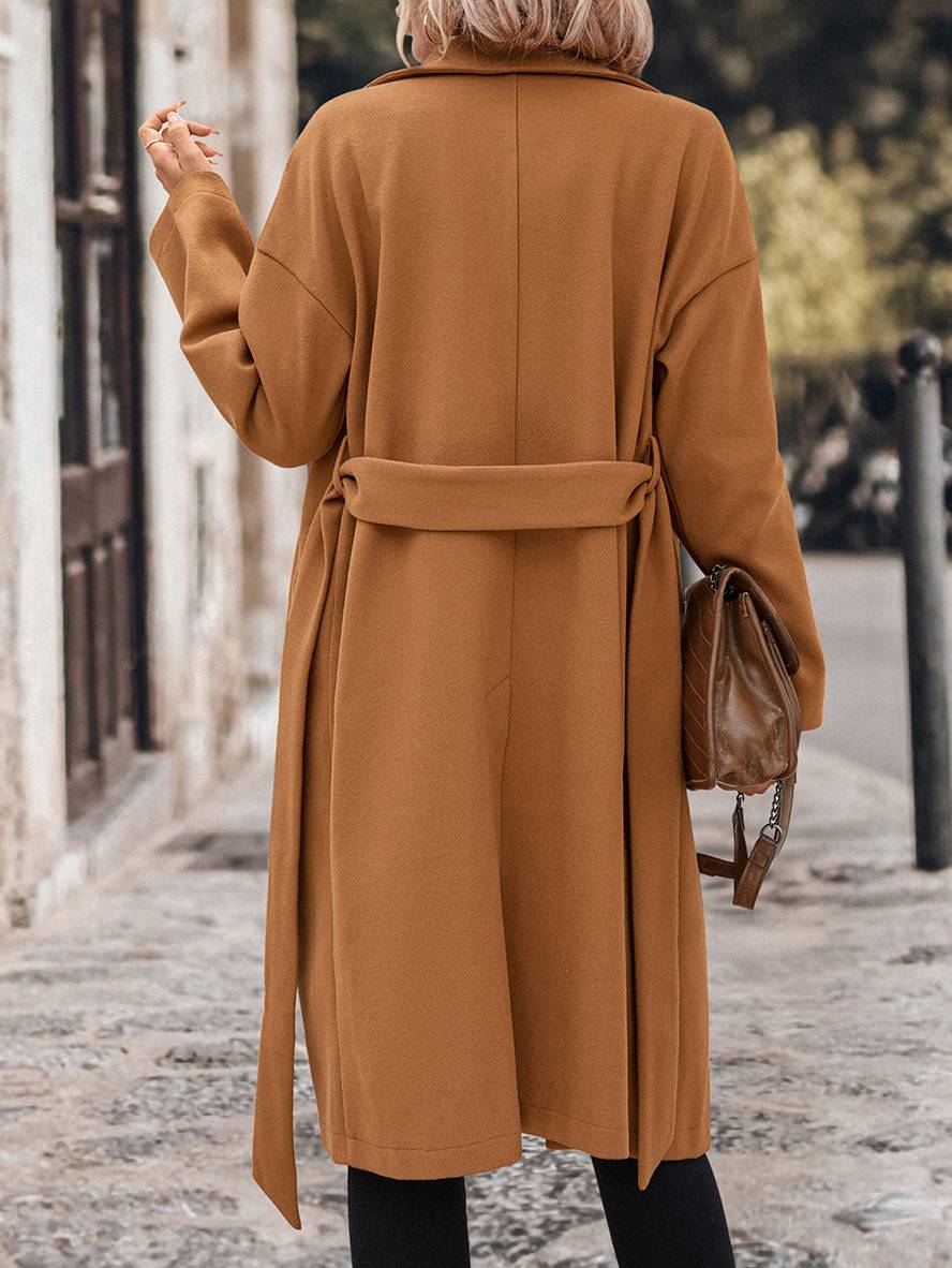 Heidi-Mode | Langer Mantel aus Doppelter Wolle Knopfverschluss Taschen Gürtel Reverskragen Damen Elegant Lässig Weit Cabanjacke