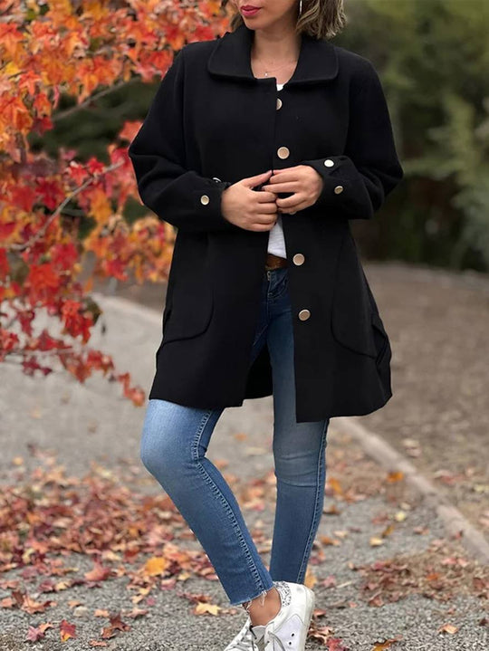 Heidi-Mode | Halb-Langer Mantel aus Einfarbiger Wolle mit Fliege Knopfleiste Taschen Reverskragen Damen Elegant Lässig Jacke