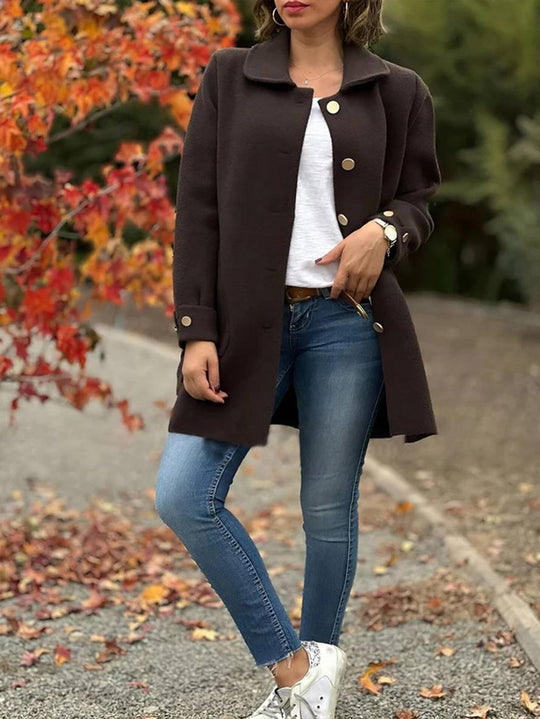 Heidi-Mode | Halb-Langer Mantel aus Einfarbiger Wolle mit Fliege Knopfleiste Taschen Reverskragen Damen Elegant Lässig Jacke
