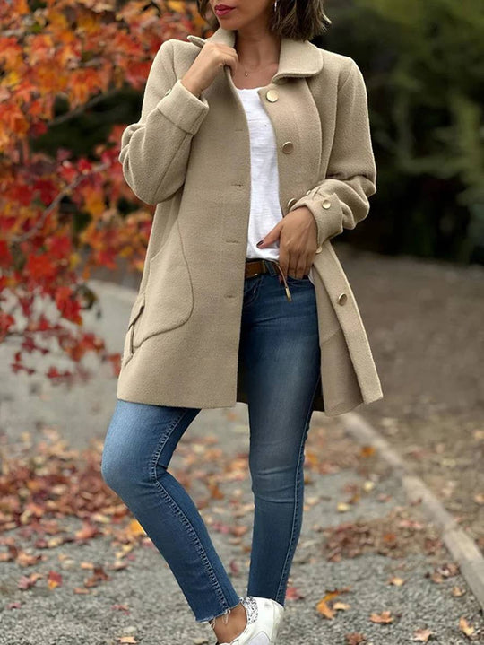 Heidi-Mode | Halb-Langer Mantel aus Einfarbiger Wolle mit Fliege Knopfleiste Taschen Reverskragen Damen Elegant Lässig Jacke