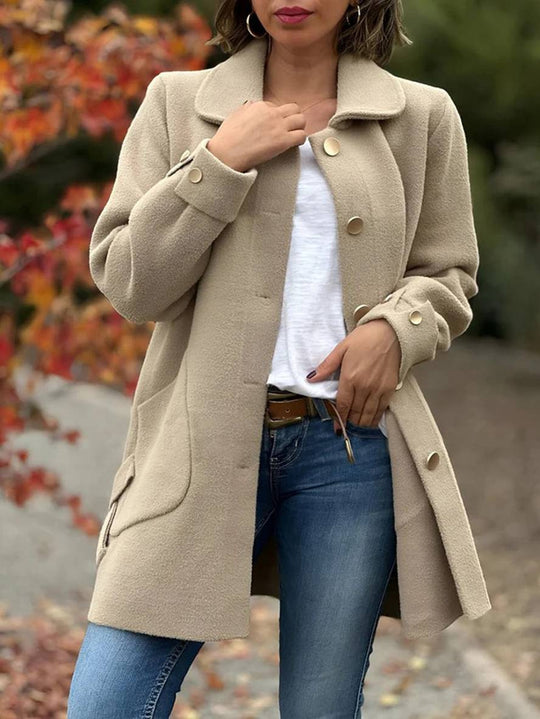 Heidi-Mode | Halb-Langer Mantel aus Einfarbiger Wolle mit Fliege Knopfleiste Taschen Reverskragen Damen Elegant Lässig Jacke