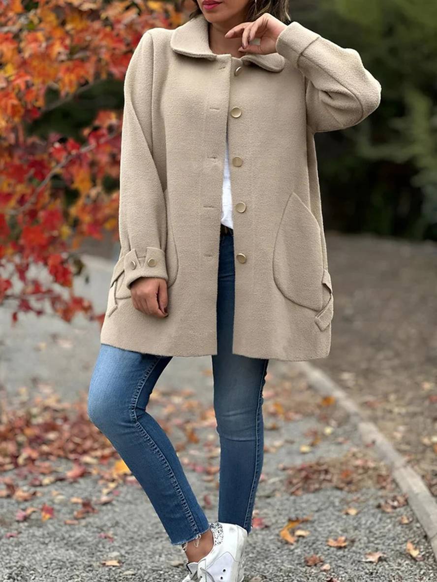 Heidi-Mode | Halb-Langer Mantel aus Einfarbiger Wolle mit Fliege Knopfleiste Taschen Reverskragen Damen Elegant Lässig Jacke