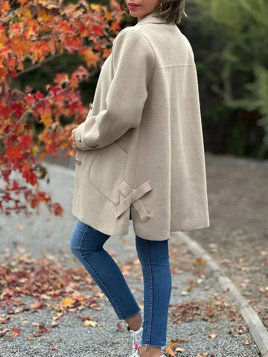 Heidi-Mode | Halb-Langer Mantel aus Einfarbiger Wolle mit Fliege Knopfleiste Taschen Reverskragen Damen Elegant Lässig Jacke