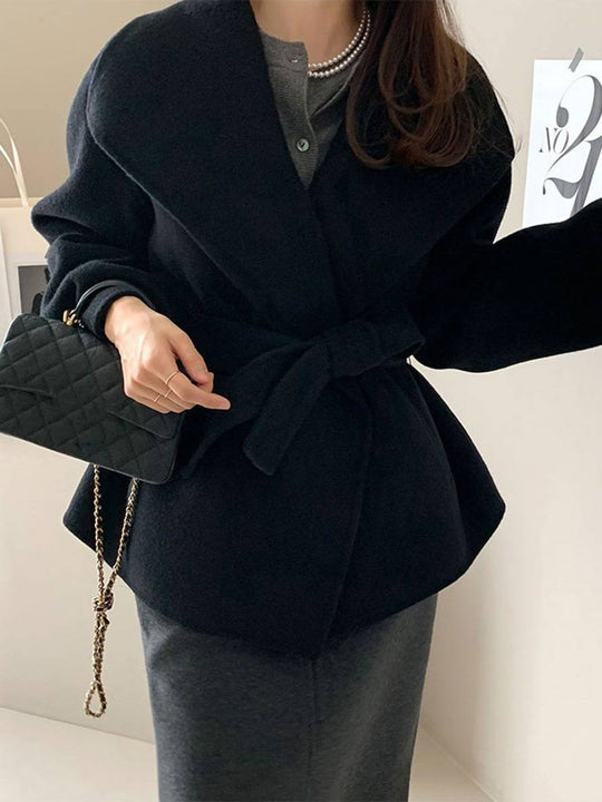 Heidi-Mode | Mittel-Lang Wollmantel Einfarbig Gürtel Taschen Damen Elegant Lässig Casual Blouson