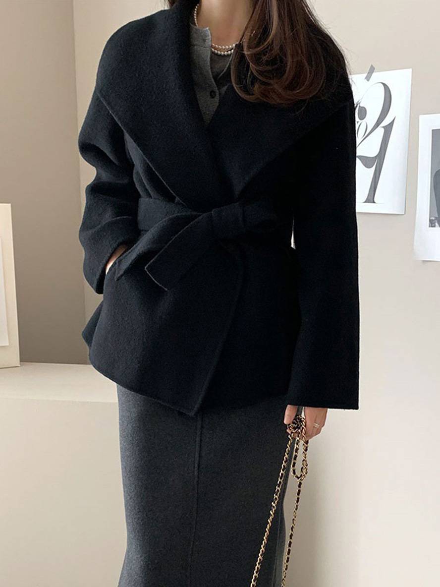 Heidi-Mode | Mittel-Lang Wollmantel Einfarbig Gürtel Taschen Damen Elegant Lässig Casual Blouson