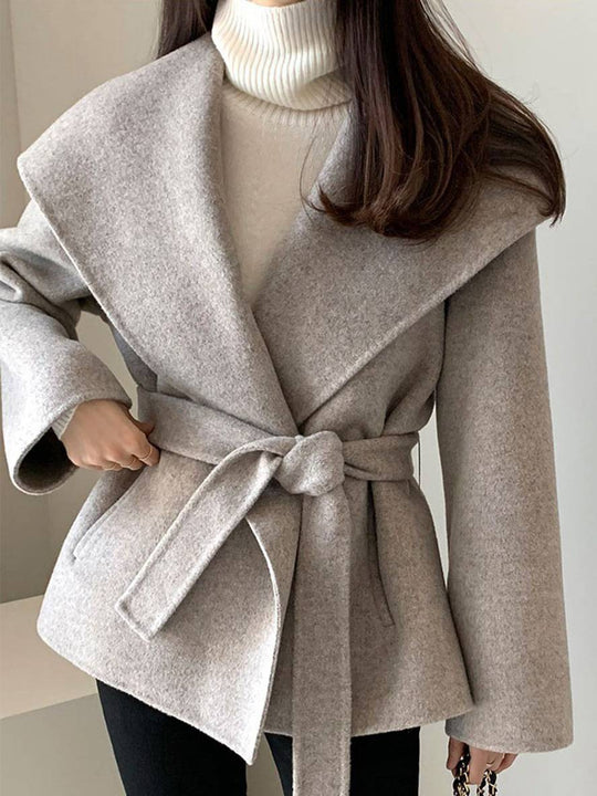 Heidi-Mode | Mittel-Lang Wollmantel Einfarbig Gürtel Taschen Damen Elegant Lässig Casual Blouson