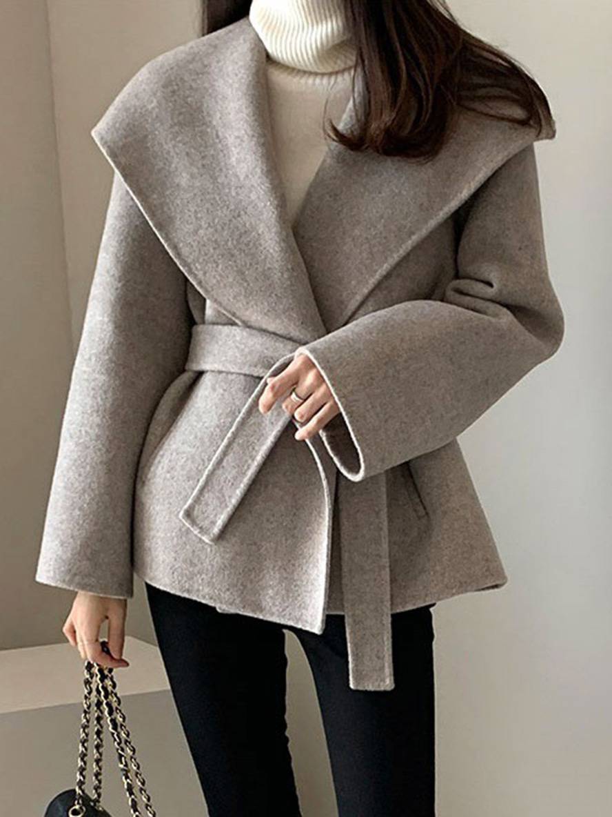 Heidi-Mode | Mittel-Lang Wollmantel Einfarbig Gürtel Taschen Damen Elegant Lässig Casual Blouson