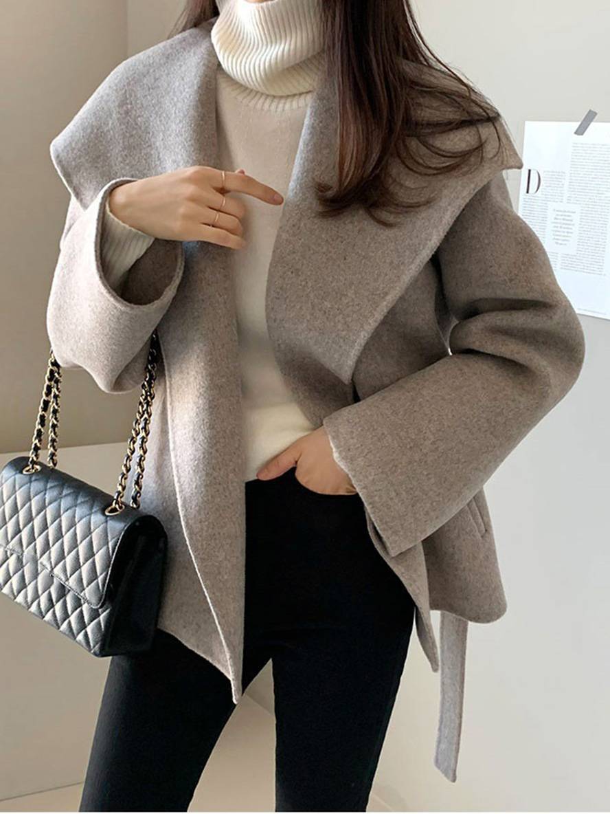 Heidi-Mode | Mittel-Lang Wollmantel Einfarbig Gürtel Taschen Damen Elegant Lässig Casual Blouson