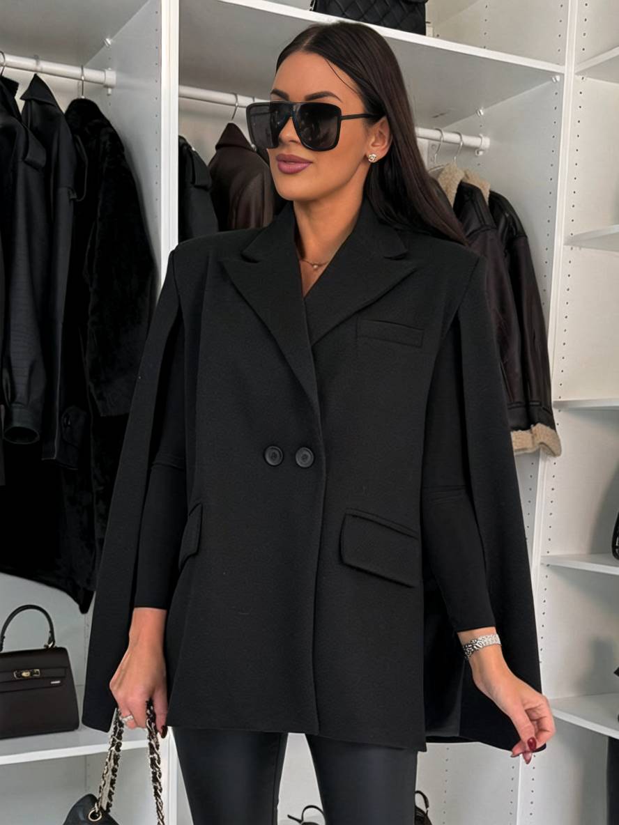 Heidi-Mode | Poncho Mantel Damen Einfarbig Knöpfe Taschen Lange Ärmel Gefüllt Damen Elegant Casual Jacke