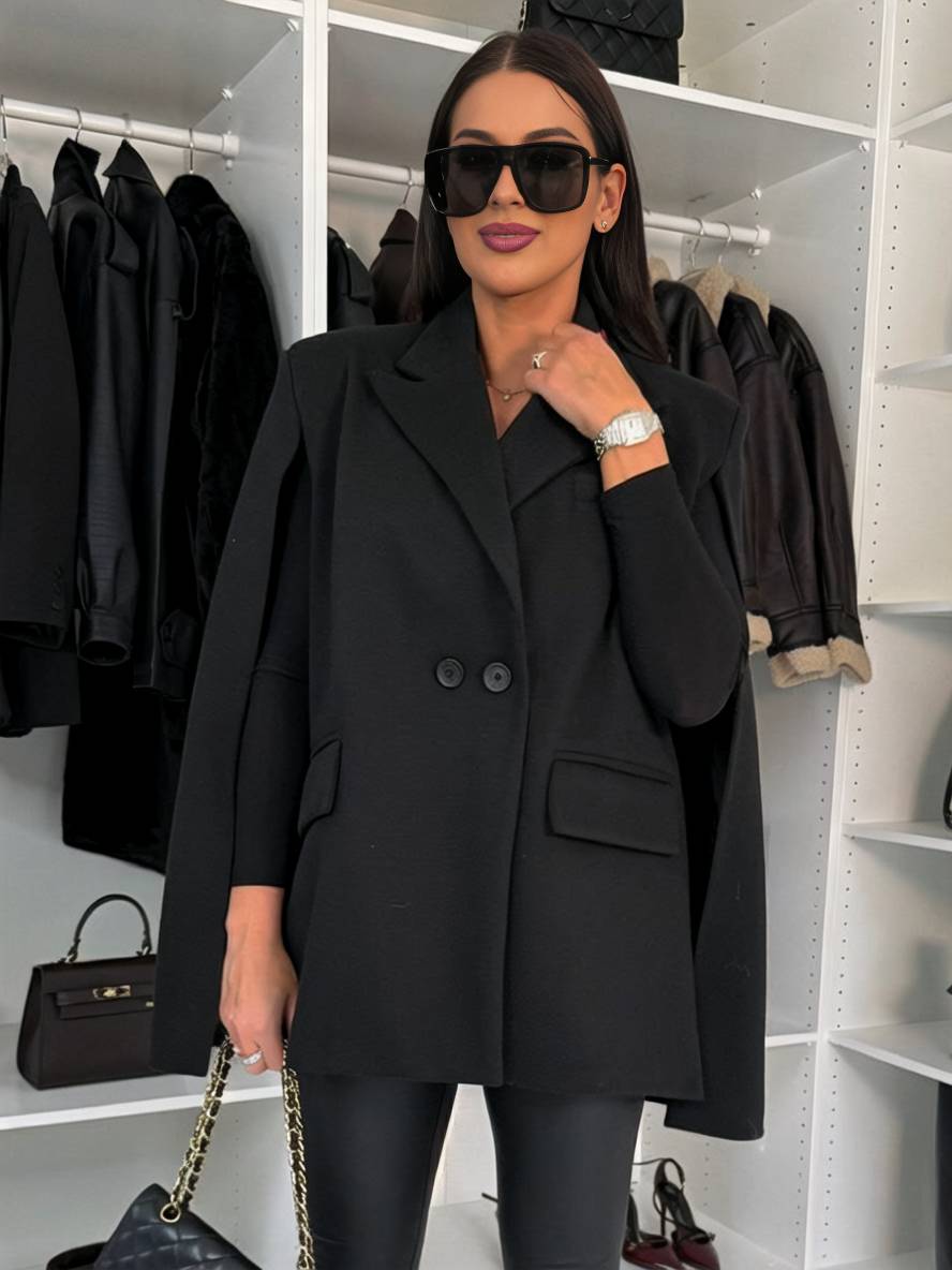 Heidi-Mode | Poncho Mantel Damen Einfarbig Knöpfe Taschen Lange Ärmel Gefüllt Damen Elegant Casual Jacke