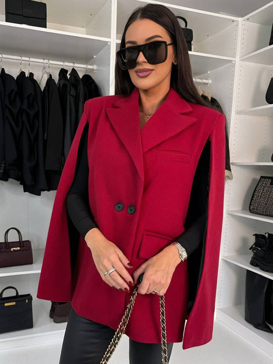 Heidi-Mode | Poncho Mantel Damen Einfarbig Knöpfe Taschen Lange Ärmel Gefüllt Damen Elegant Casual Jacke