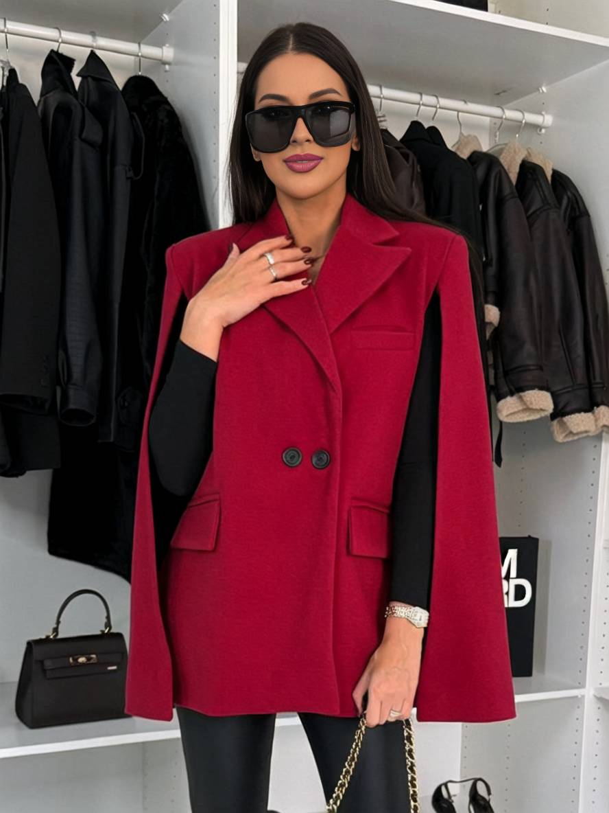 Heidi-Mode | Poncho Mantel Damen Einfarbig Knöpfe Taschen Lange Ärmel Gefüllt Damen Elegant Casual Jacke