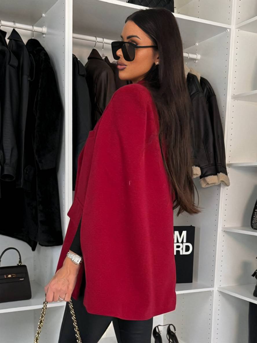Heidi-Mode | Poncho Mantel Damen Einfarbig Knöpfe Taschen Lange Ärmel Gefüllt Damen Elegant Casual Jacke