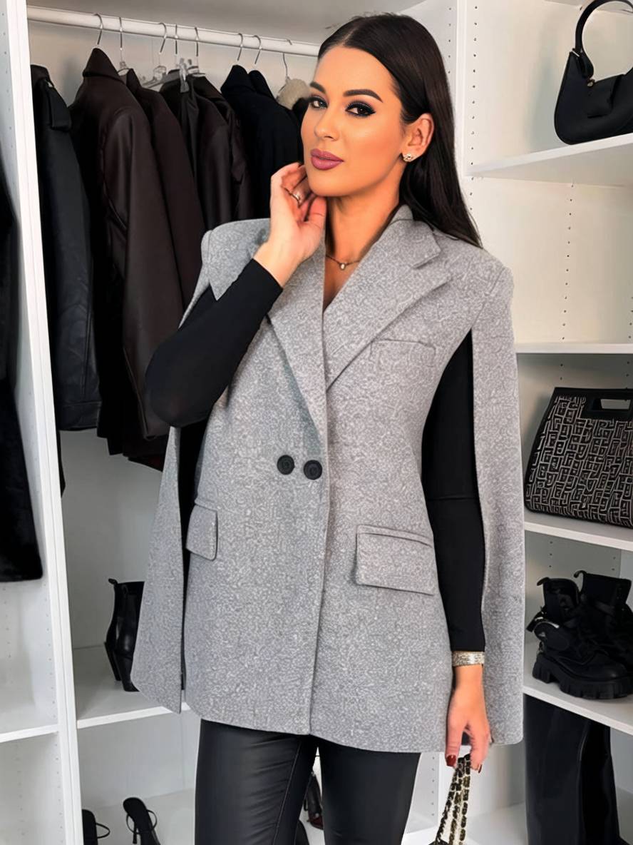 Heidi-Mode | Poncho Mantel Damen Einfarbig Knöpfe Taschen Lange Ärmel Gefüllt Damen Elegant Casual Jacke