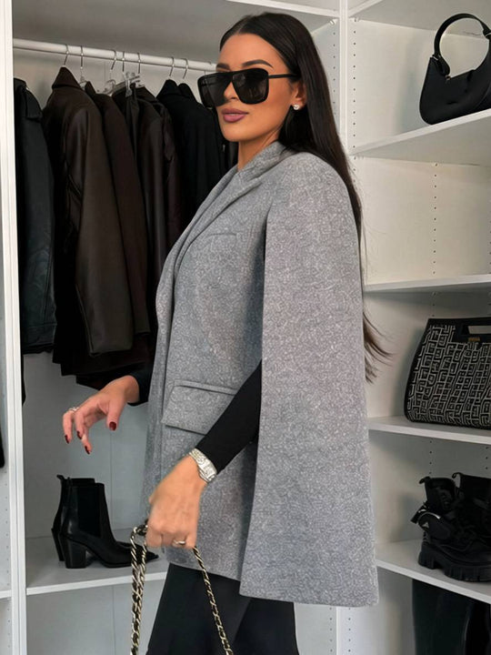 Heidi-Mode | Poncho Mantel Damen Einfarbig Knöpfe Taschen Lange Ärmel Gefüllt Damen Elegant Casual Jacke