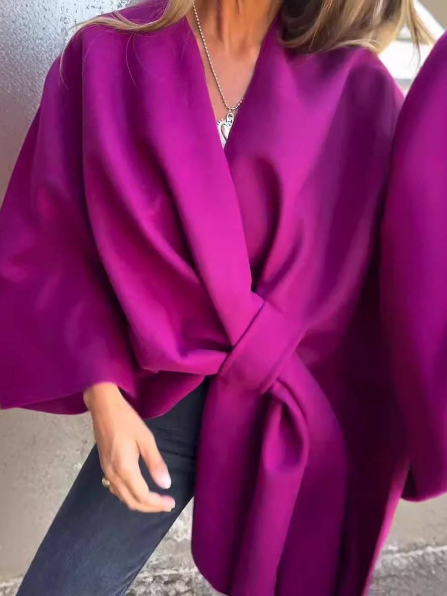 Heidi-Mode | Kurzer Poncho-Mantel Damen Einfarbig Knoten Damen Elegant Lässig Locker Übergröße Jacke