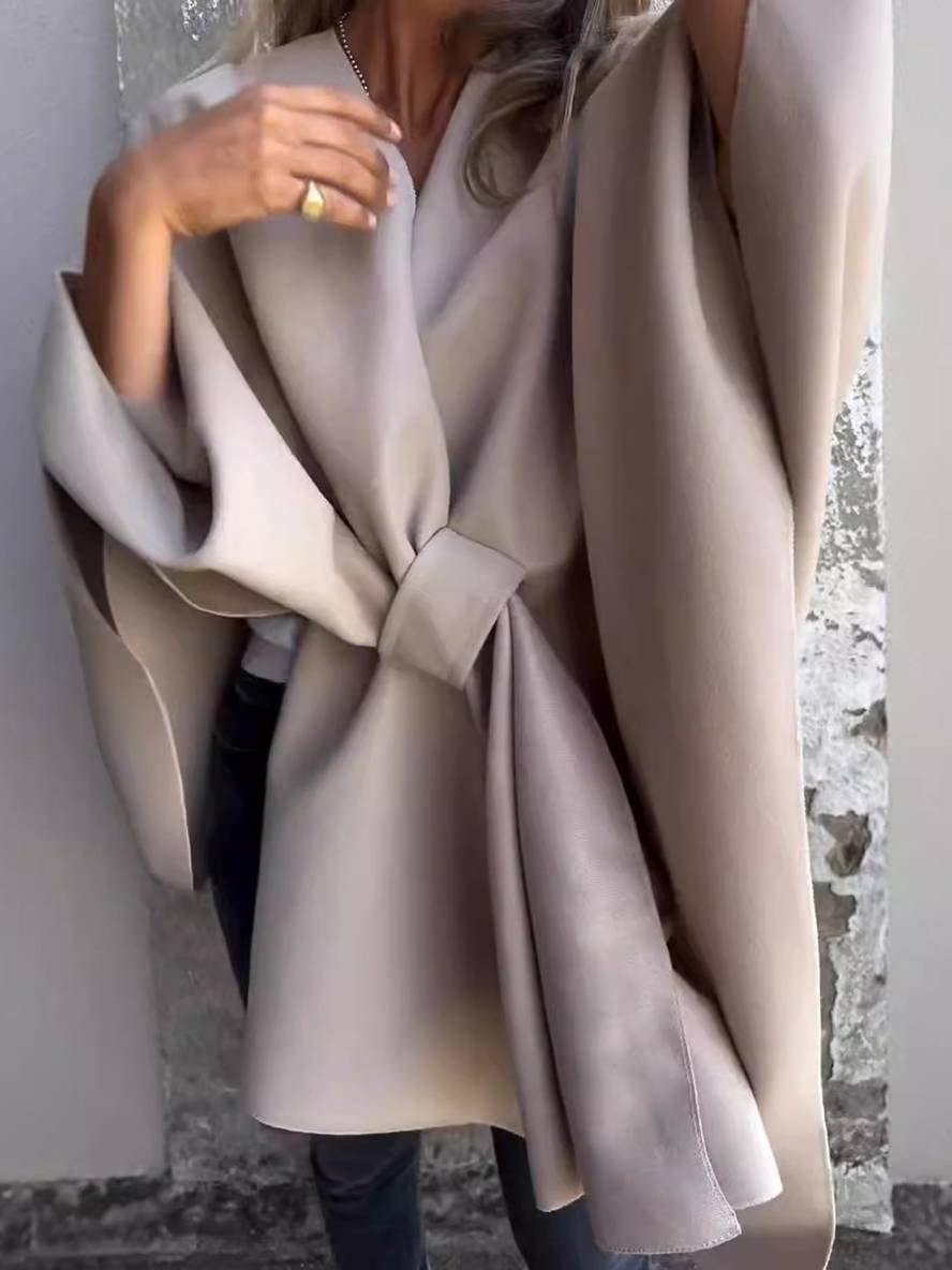 Heidi-Mode | Kurzer Poncho-Mantel Damen Einfarbig Knoten Damen Elegant Lässig Locker Übergröße Jacke